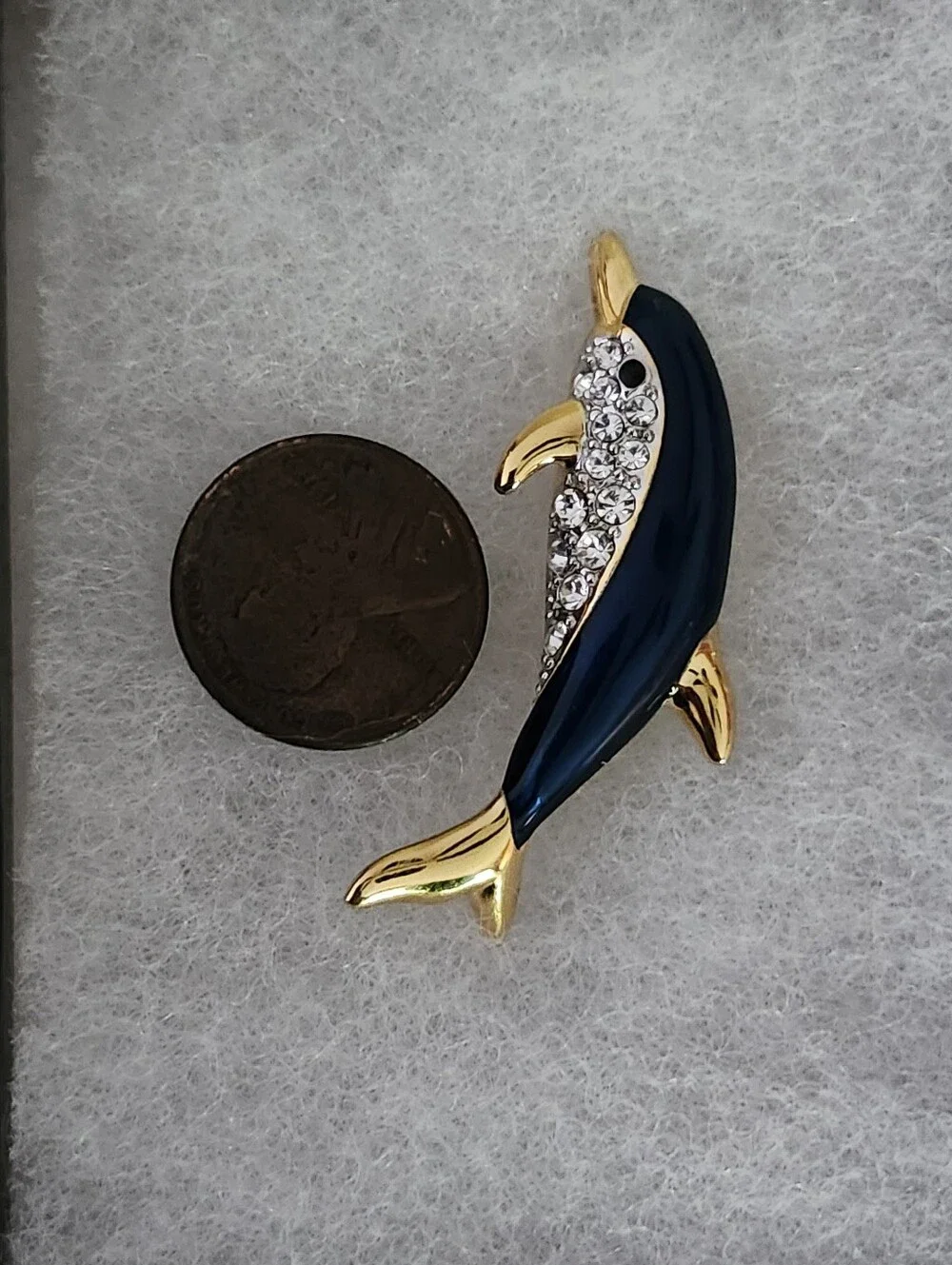 Dolphin Rhinestone Enamel Brooch - Blue & Gold Tone